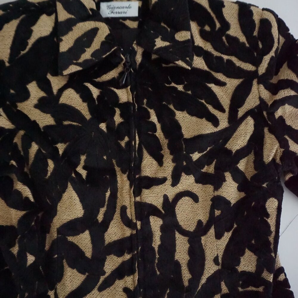 Vintage Giancarlo Ferrari Tan Black Velvet Leaf Burnout Zip Jacket Boho M - Picture 6 of 9